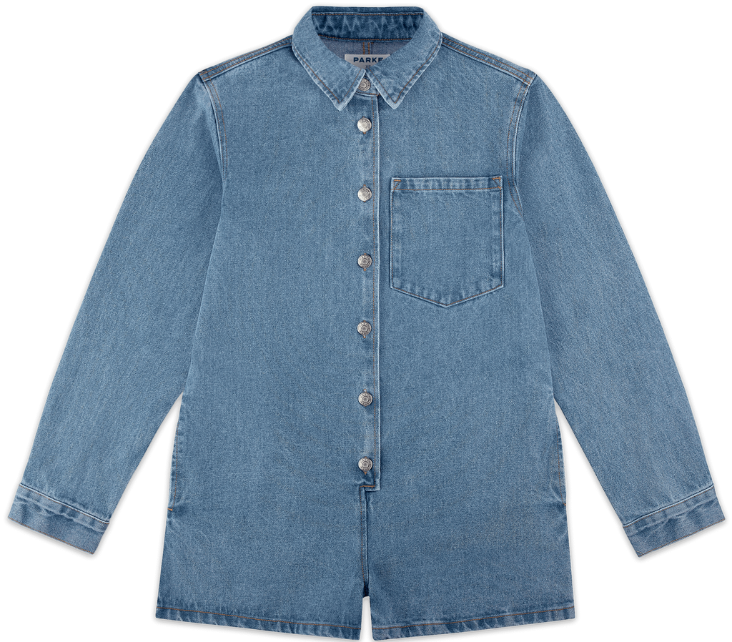 long sleeve denim romper flat lay -vintage wash