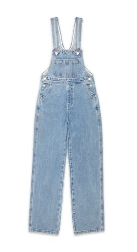 denim overalls flat lay -vintage wash
