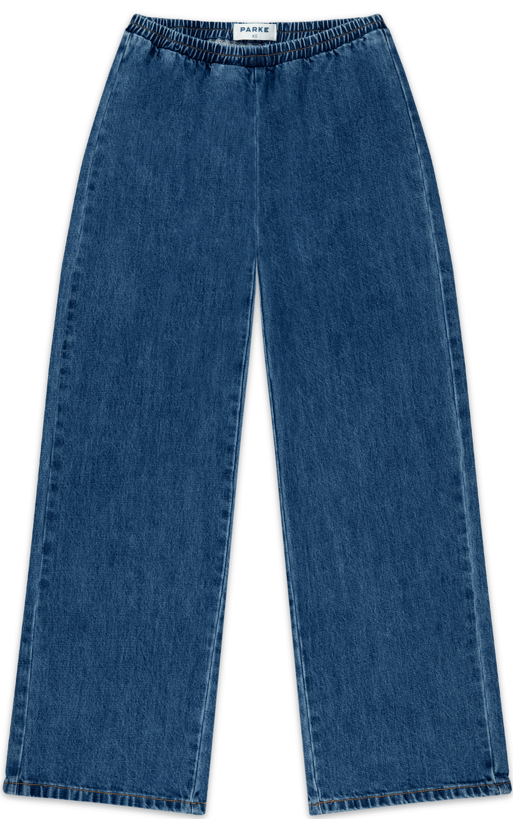elastic denim pant flat lay -medium wash