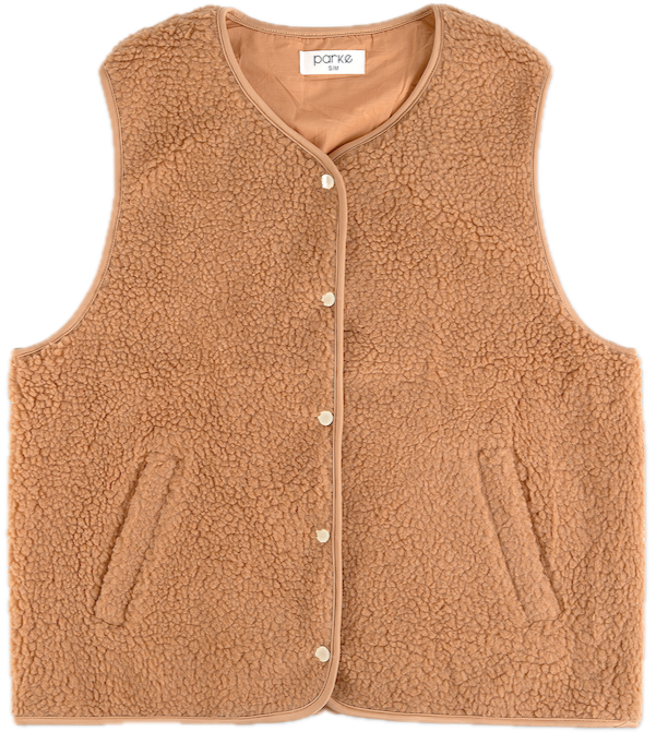 sherpa vest flat lay - caramel