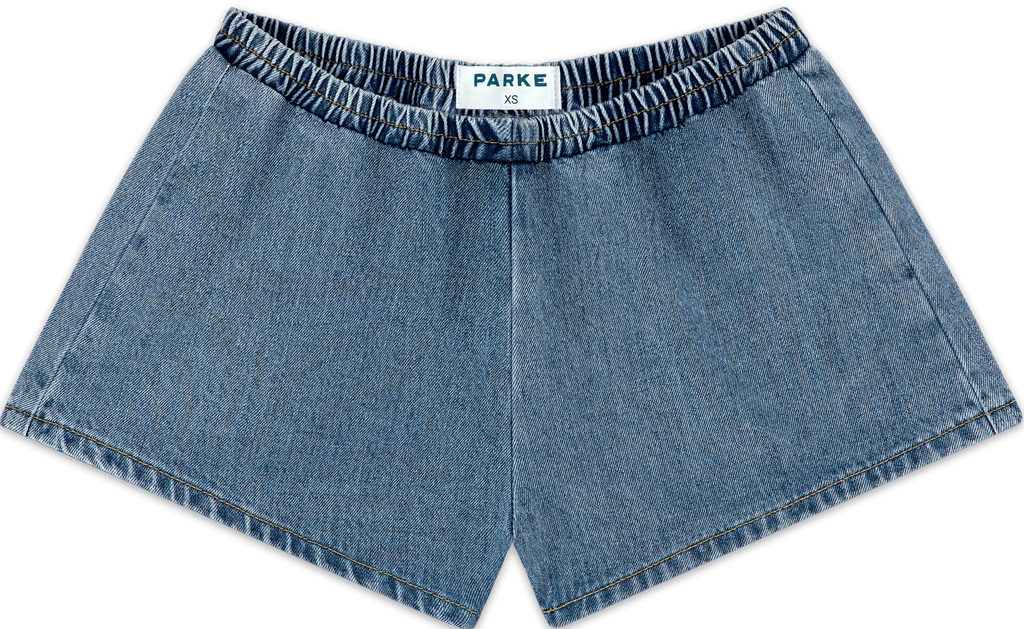elastic denim short flat lay -vintage wash